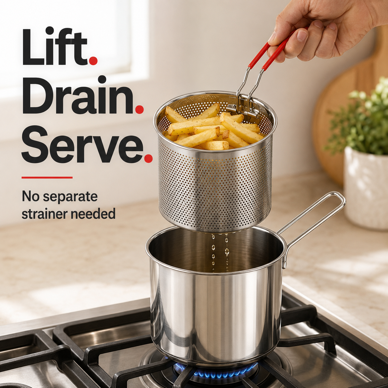 Personal Mini Deep Fryer Set – Stainless Steel Pot with Lift-Out Draining Basket & Food Tongs