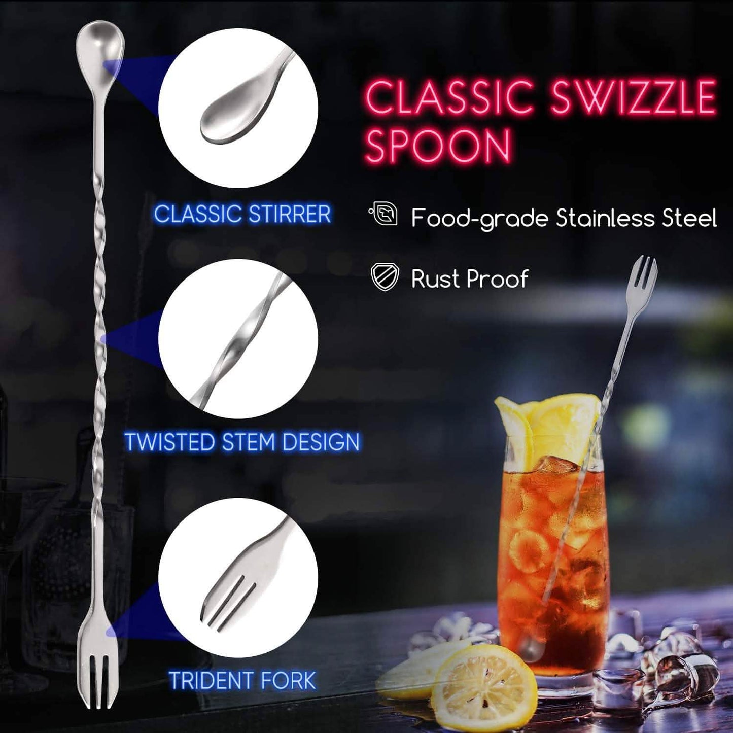 2-Piece Set: Steel Cocktail Muddler and Mixing Spoon Home Bar Tool Set