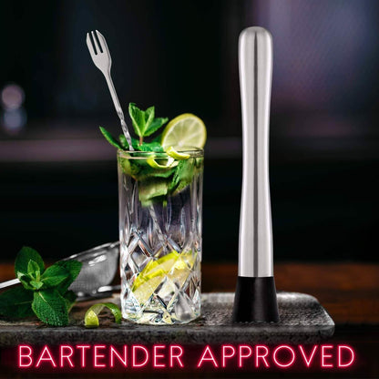 2-Piece Set: Steel Cocktail Muddler and Mixing Spoon Home Bar Tool Set
