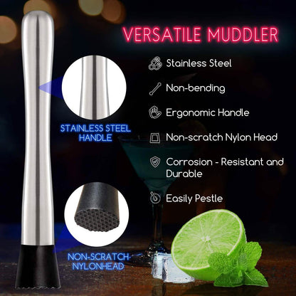 2-Piece Set: Steel Cocktail Muddler and Mixing Spoon Home Bar Tool Set