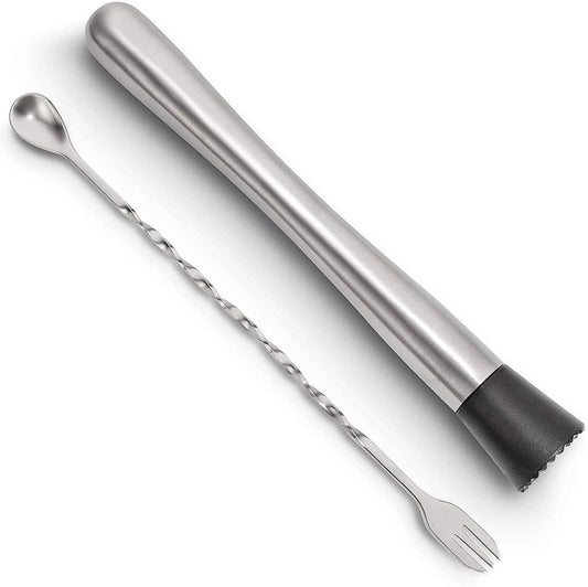 2-Piece Set: Steel Cocktail Muddler and Mixing Spoon Home Bar Tool Set