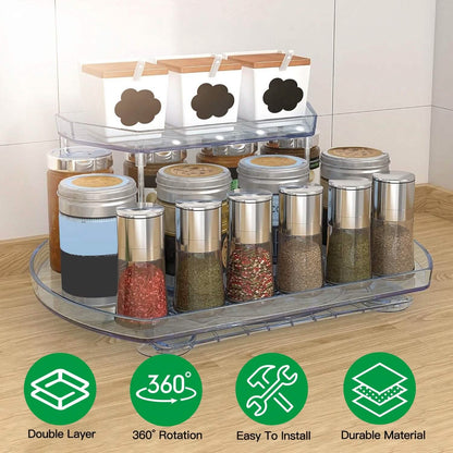 2-Tier Turntable Organizer Rectangular Refrigerator Spinner Storage Rack with 360° Rotatable Slide Rail