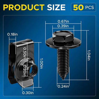 50PCS 1/4 Body Bolts & U-Nut Clips Kit